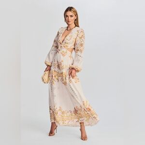 HEMANT & NANDITA Floral Long Sleeve Dress in Cream and Yellow